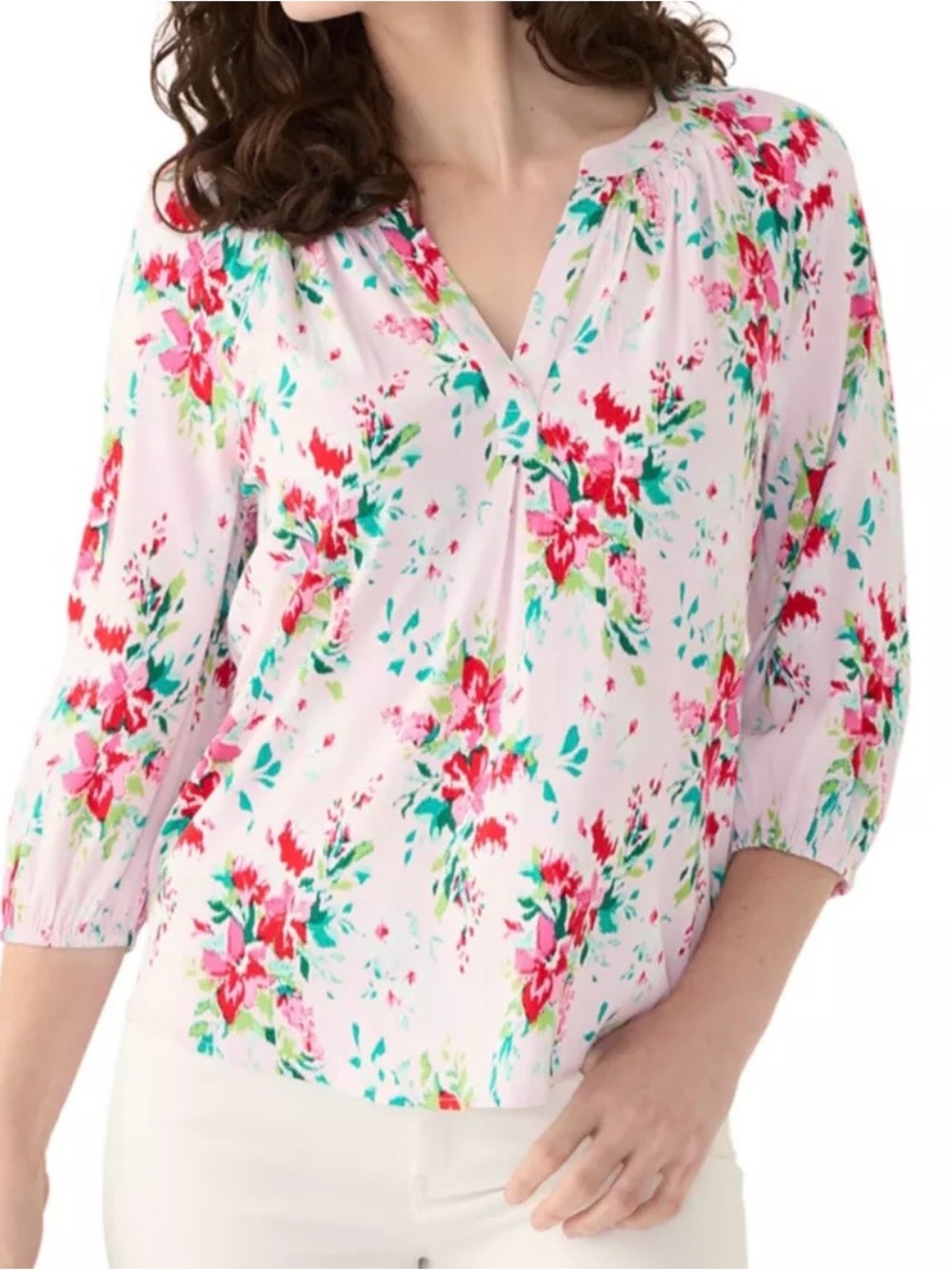 crown & ivy Pink Floral V-Neck Peasant Blouse